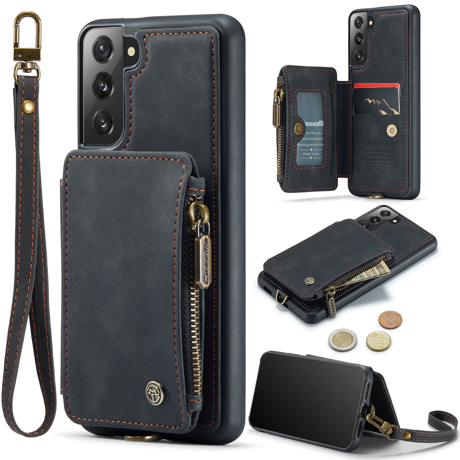 CASEME C20 Series for Samsung Galaxy S21 FE 5G Zipper Pocket RFID Blocking Phone Case PU Leather Coated TPU Kickstand Cover with Strap CASEME C20 Series for Samsung Galaxy S21 FE 5G Zipper Pocket RFID Blocking Phone Case PU Leather Coated TPU Kickstand Cover with Strap